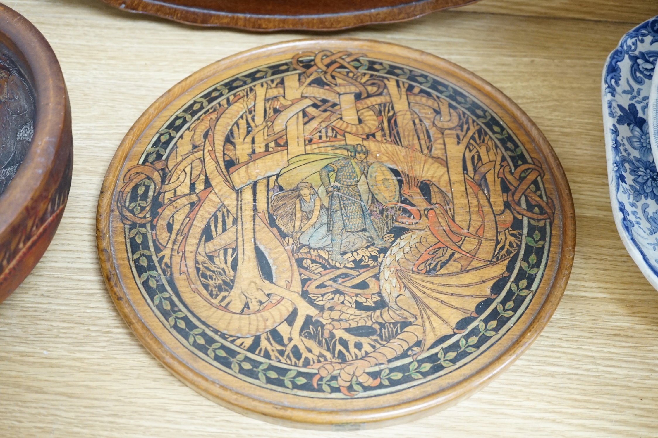 A group of wood items to include two cribbage boards, a mahogany solitaire board with marbles, a truncheon and an inlaid oval tray. etc., largest 60cm wide. Condition - varies, poor to fair